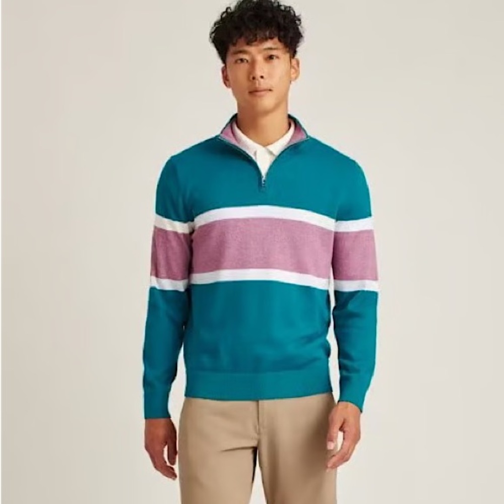 Bonobos (L) Quarter Zip Pullover Sweater- Colorblock Rugby Style Teal/Mauve Prep
